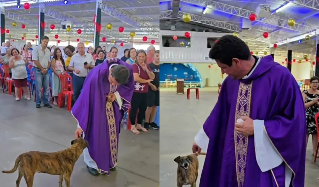 Cachorro entra com padre em missa e derrete a web