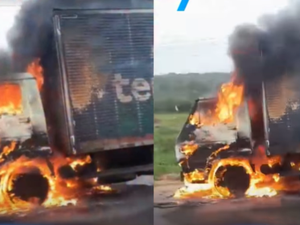 Caminhão-baú pega fogo na rodovia AL-115, em Igaci