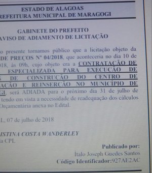 Prefeitura de Maragogi adia licitação de obra do Centro de Reabilitação