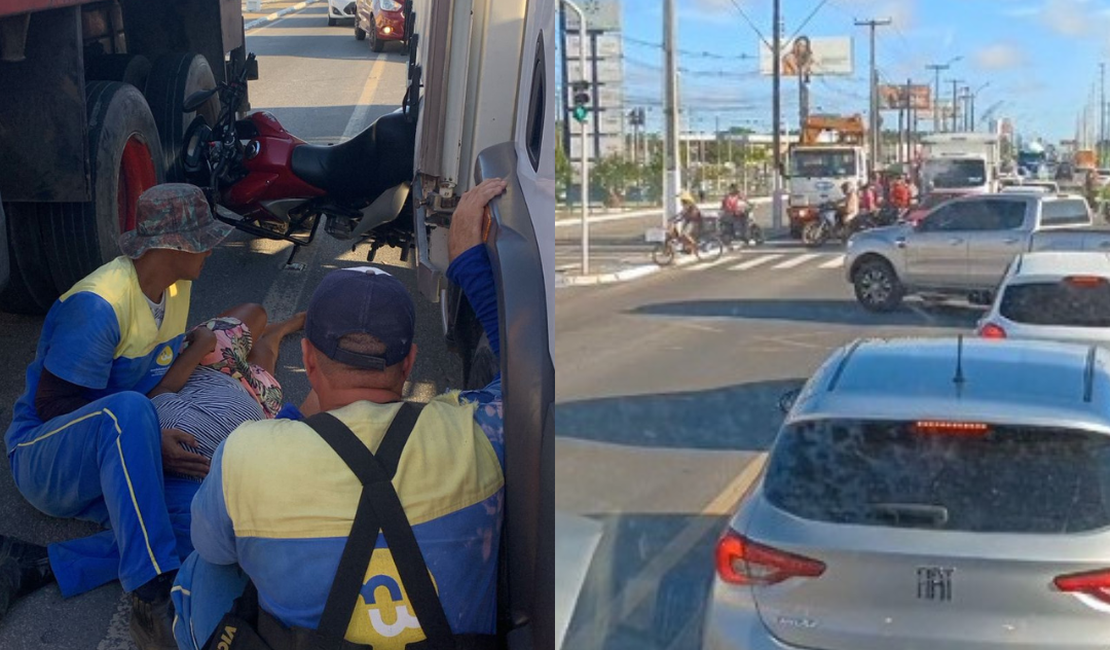 Moto fica presa entre dois caminhões após condutor se desequilibrar na Av. Menino Marcelo