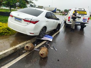 Motorista invade canteiro, danifica placa de sinalização e foge, em Arapiraca