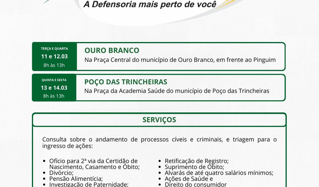 Expresso da Cidadania leva serviços da Defensoria Pública aos moradores de Ouro Branco e Poço das Trincheiras