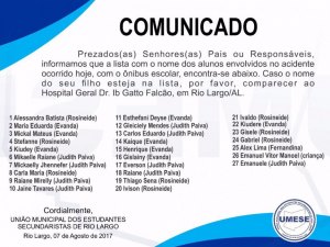 Umese divulga lista de feridos em acidente com ônibus escolar em Rio Largo