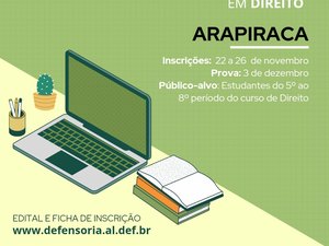 Defensoria Pública abre inscrição para estágio em Direito, em Arapiraca