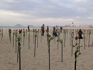 Manifestantes plantam rosas na praia de Copacabana pelas 500 mil vítimas da Covid-19 no Brasil