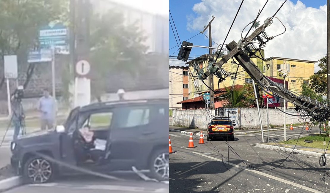 [Vídeo] Jeep invade contramão, bate e deixa poste pendurado por fios na Av. Dona Constança