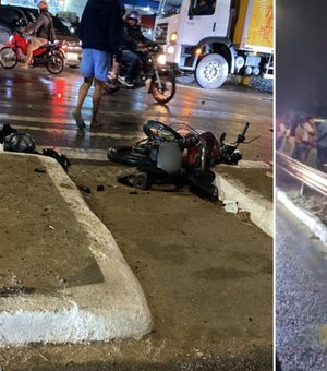 [Vídeo] Ônibus de estudantes colide com duas motos em Arapiraca e deixa dois feridos