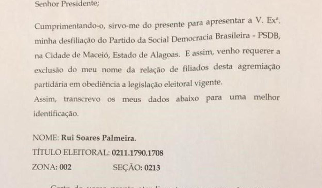 PSDB se pronuncia sobre notícia da saída de Rui Palmeira do partido