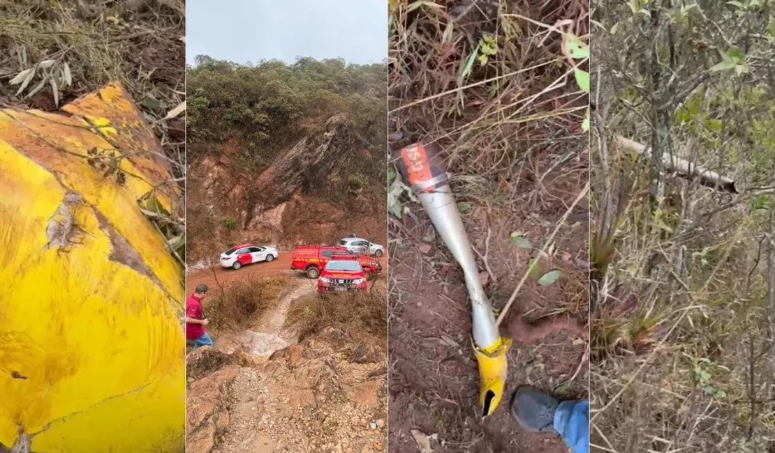 Veja destroços do helicóptero que caiu e matou seis tripulantes em Outro Preto