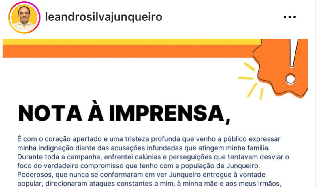 Prefeito de Junqueiro, Leandro Silva, emite nota de indignação por acusações contra família