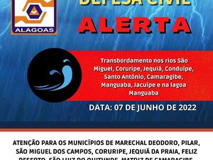 Defesa Civil de Alagoas emite alerta de risco de transbordamento em rios de 11 municípios