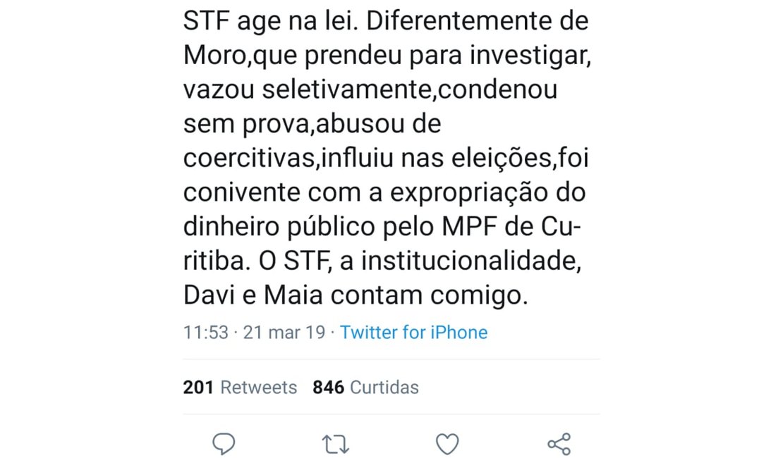 Senador Renan Calheiros critica Sérgio Moro e elogia STF