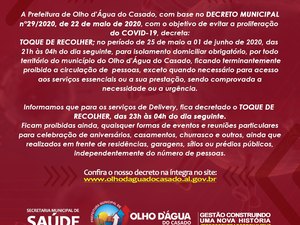 Prefeitura decreta toque de recolher em Olho d`Água do Casado