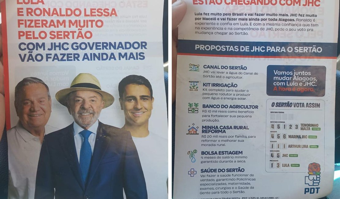 Após vídeo, panfleto associando JHC a Lula é distribuído em cidades do sertão alagoano