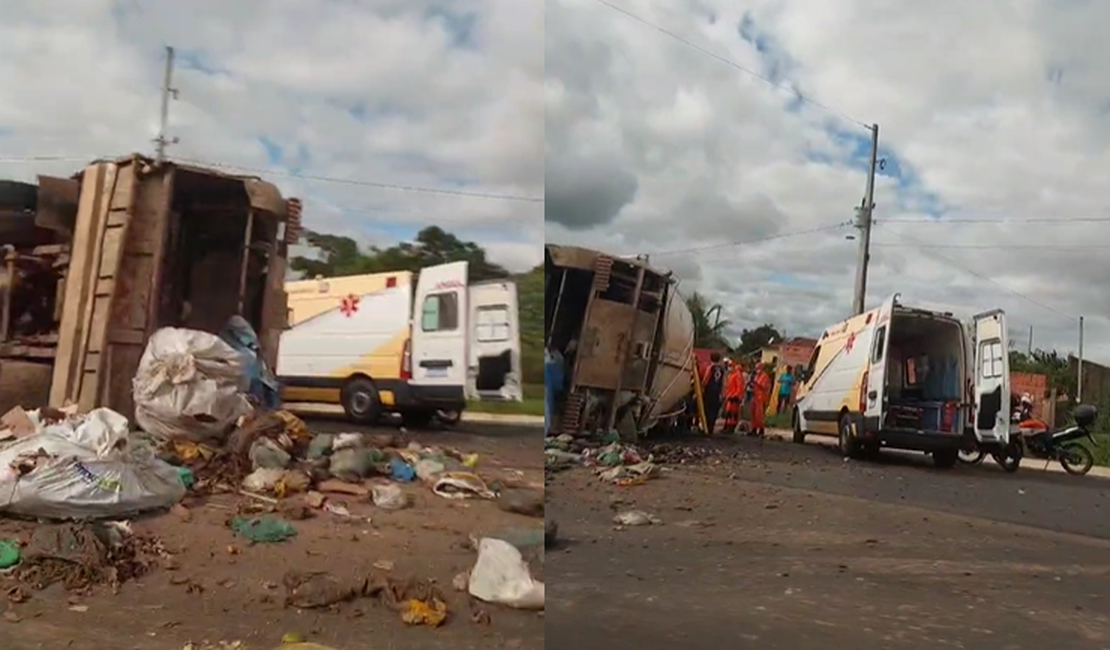Caminhão compactador de lixo tomba e deixa trabalhador ferido na AL-115