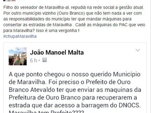 Polêmica envolvendo as cidades de Maravilha e Ouro Branco circula na web