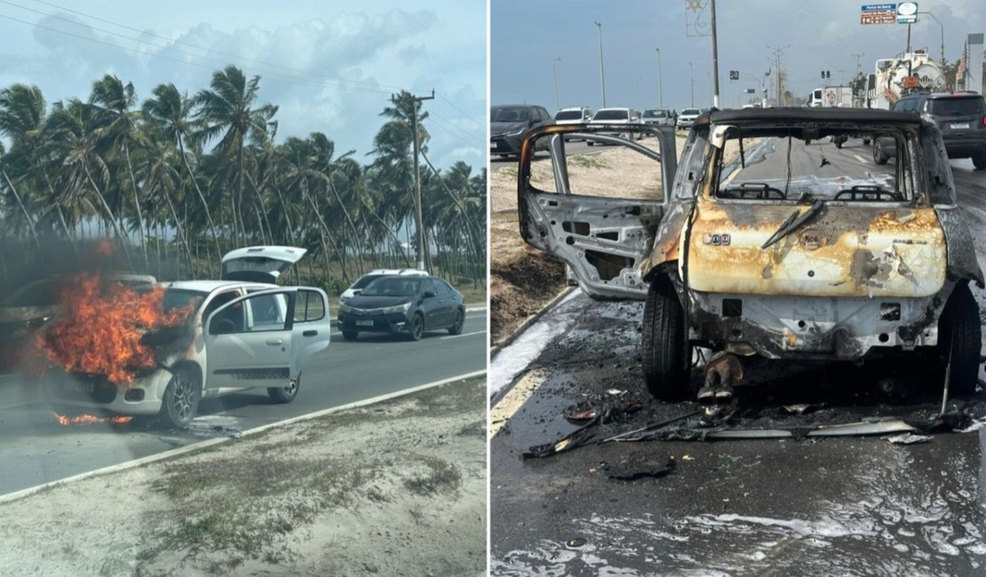 [Vídeo] Carro fica destruído após pegar fogo na Av. Assis Chateaubriand, em Maceió