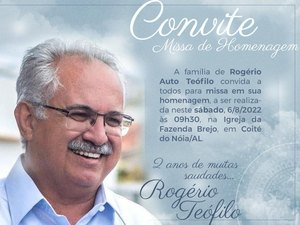 Missa será realizada em homenagem a Rogério Teófilo, após dois anos de sua morte