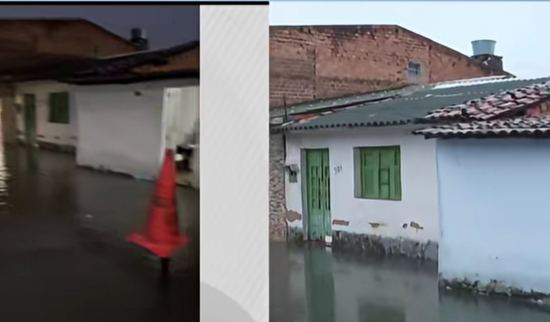 Ruas ficam alagadas em Maceió e água invade residências no bairro Prado