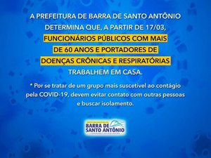 Barra de Santo Antônio determina teletrabalho para servidores acima de 60 anos