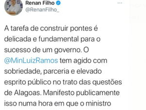 Nas redes sociais, Renan Filho se solidariza com ministro Luiz Ramos