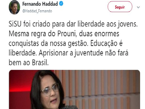 No Twiter Fernando Haddad reage a fala de ministra Damares sobre SISU