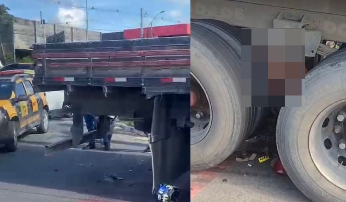 [Vídeo] Motociclista fica entre rodas de caminhão após acidente na Durval