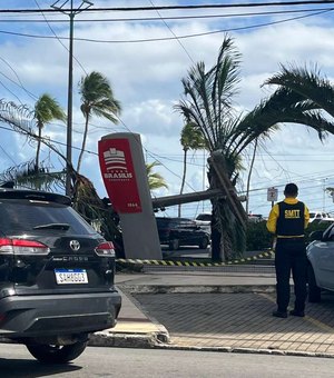 Poste cai após colisão e espalha fiação na Avenida Assis Chateaubriand, em Maceió
