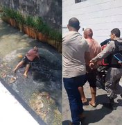 [Vídeo] Suspeito de roubo pula no Riacho do Sapo para fugir de espancamento