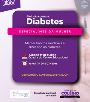 Porto Real do Colégio promoverá mutirão contra diabetes e exames para a população