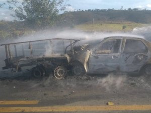 Veículo pega fogo durante acidente entre carro e reboque na BR 416