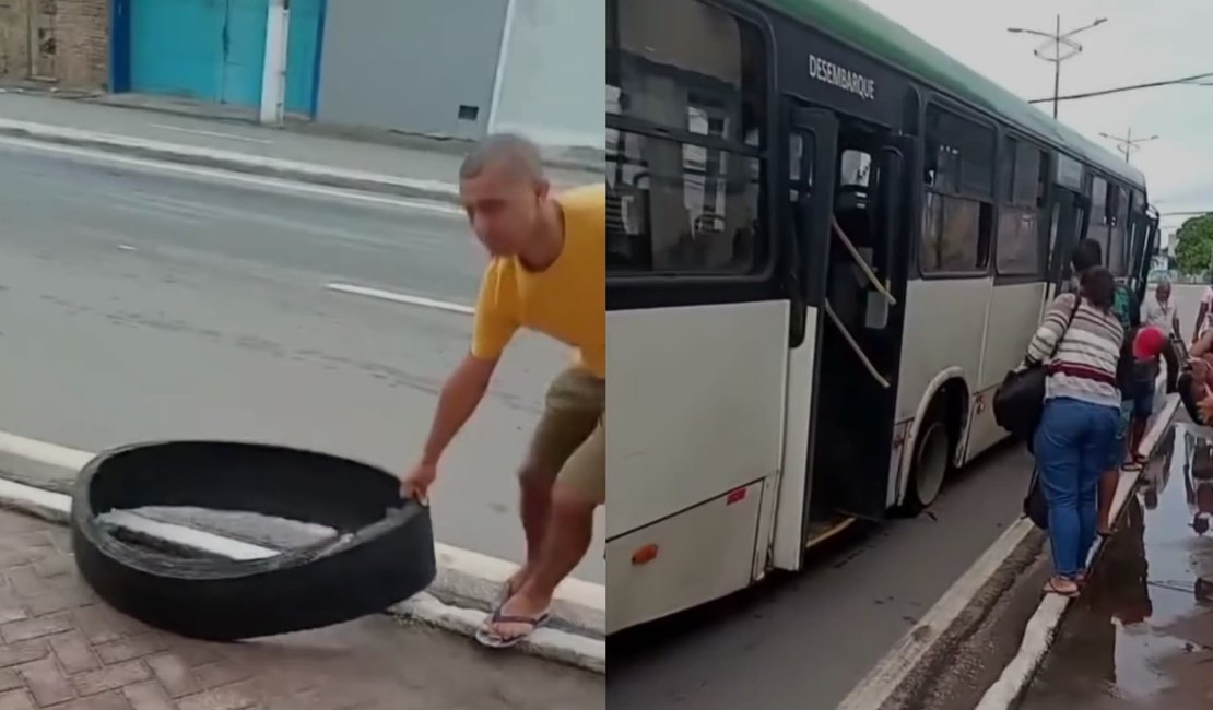 Pneu de ônibus estoura e causa transtono para passageiros na parte baixa de Maceió