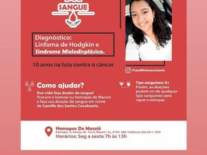 Camila dos Santos Cavalcante, precisa de doações de sangue do tipo A+