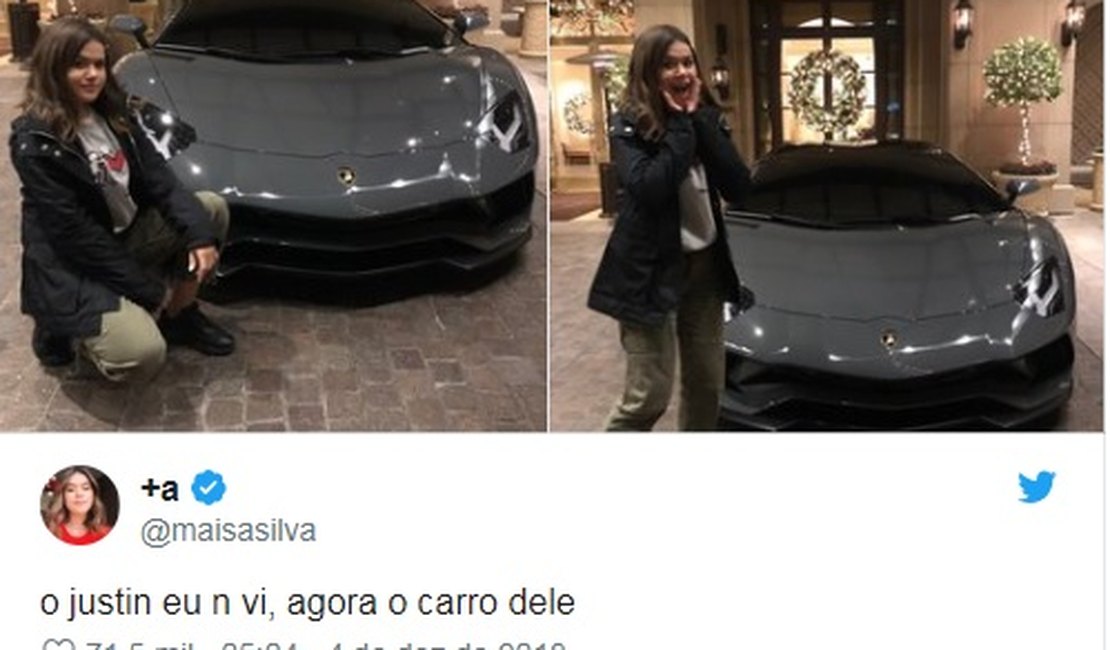 Maísa faz pose em carro de Justin Bieber e recebe conselho do padre Fábio: 'Fura logo esses pneus'