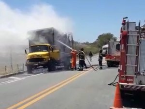 [Vídeo] Bombeiros controlam incêndio em caminhão em chamas