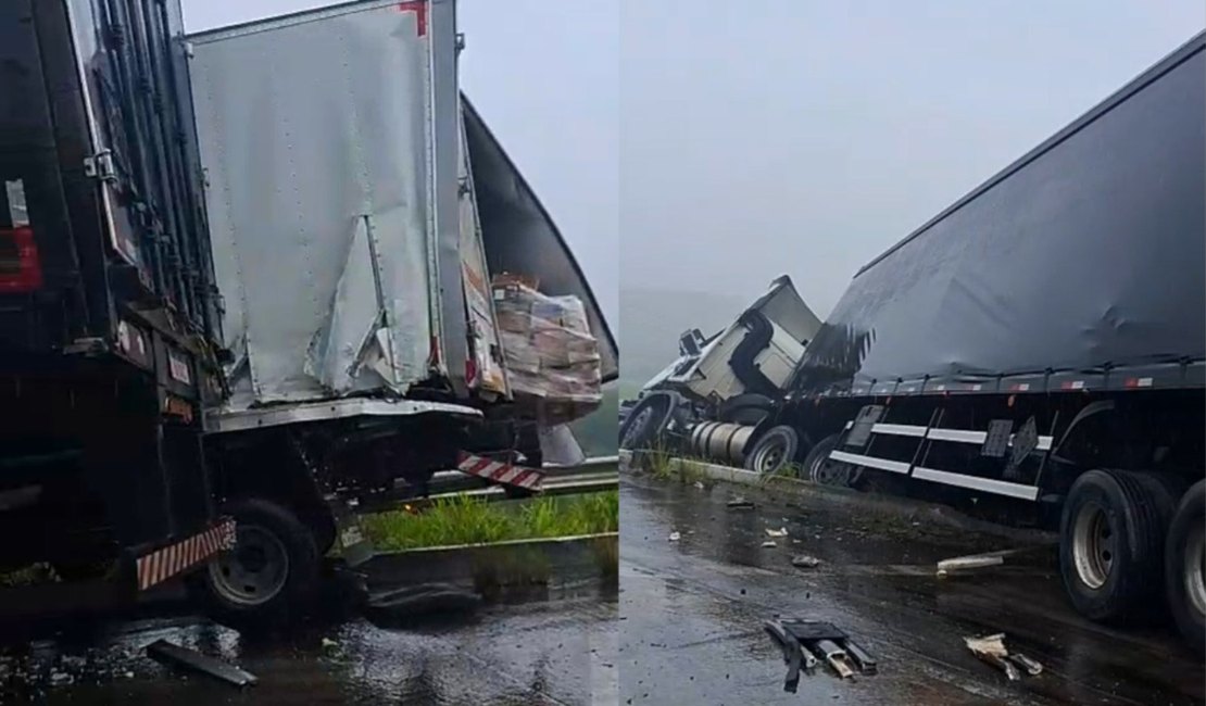 [Vídeo] Caminhões colidem na Ladeira do Varela e causam transtornos na BR-101; não há registro de feridos