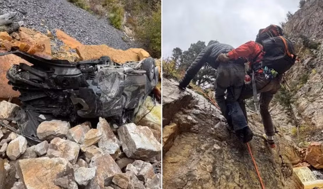 Homem despenca de 90 metros de altura com picape, que fica toda destruída, mas ele escapa com ferimentos leves