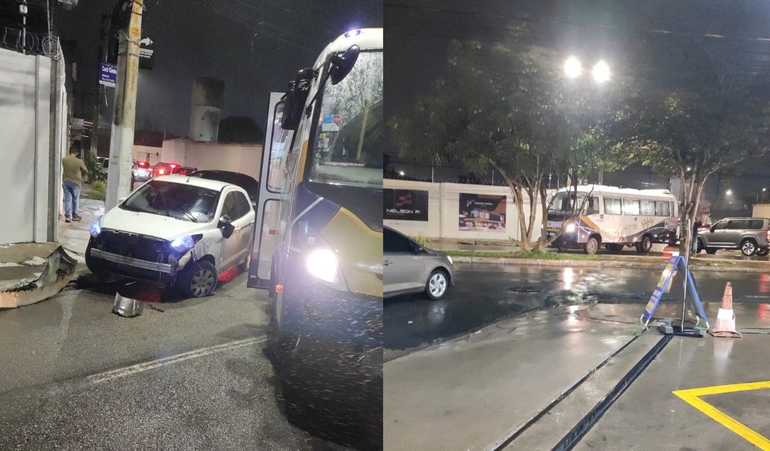 Batida entre ônibus, carro e poste deixa trânsito lento na Av. Ceci Cunha, em Arapiraca