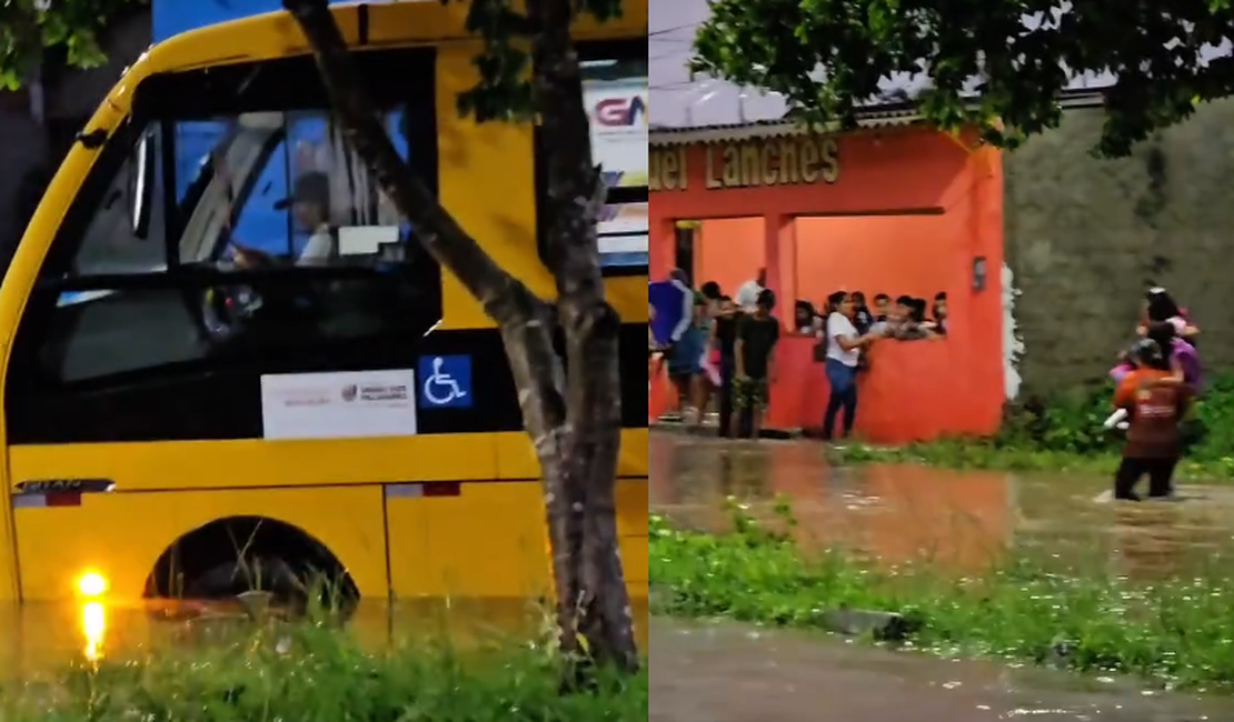 Chuva causa alagamentos e deixa ônibus escolar ilhado em União dos Palmares