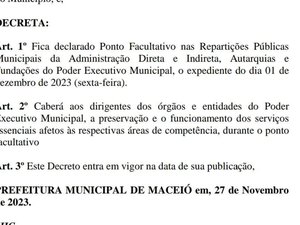 Prefeitura de Maceió decreta ponto facultativo na próxima sexta-feira (1º)