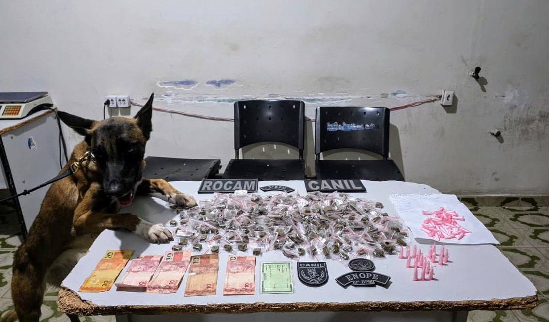 Após fuga de suspeito, Canil da PM apreende drogas em residência no bairro Canafístula