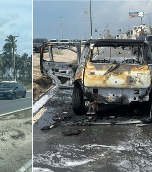 [Vídeo] Carro fica destruído após pegar fogo na Av. Assis Chateaubriand, em Maceió