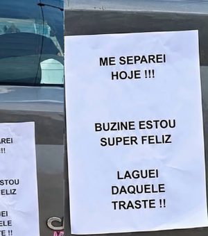 Mulher comemora divórcio com cartaz no carro e pede buzinaço
