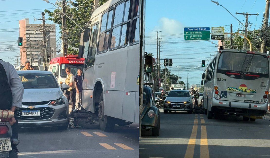 Motociclista fica ferido após ser imprensado entre ônibus e carro em Cruz das Almas