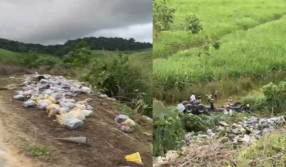 Carreta tomba e cai de ribanceira em trecho da BR-104, em São José da Laje