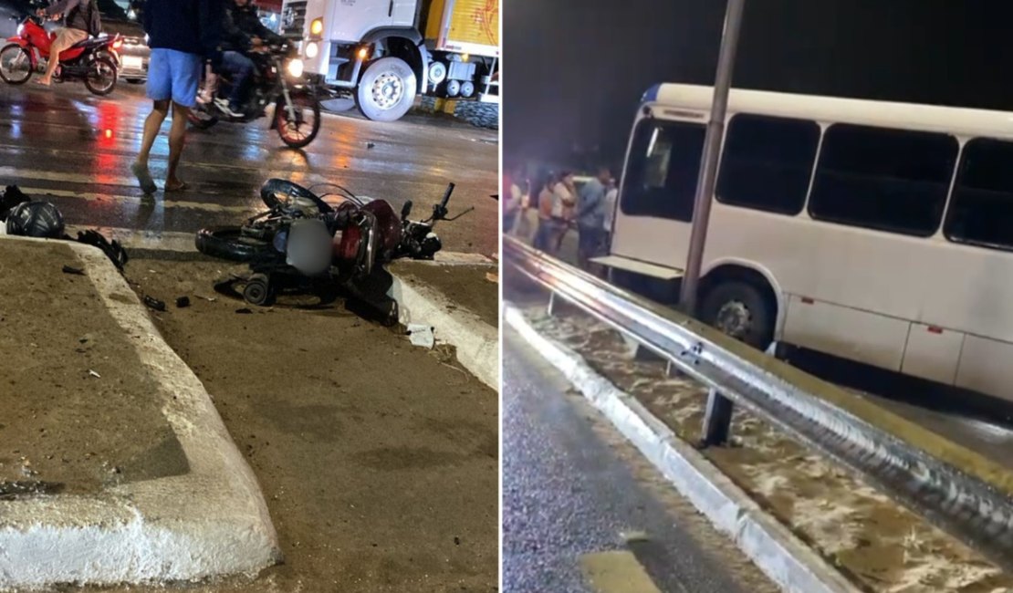 [Vídeo] Ônibus de estudantes colide com duas motos em Arapiraca e deixa dois feridos