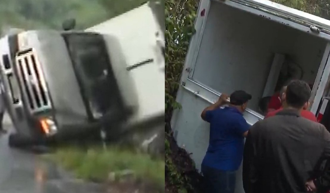 Caminhão que transportava carga de queijos tomba na pista molhada na BR-316, em Satuba