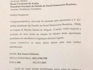 PSDB se pronuncia sobre notícia da saída de Rui Palmeira do partido