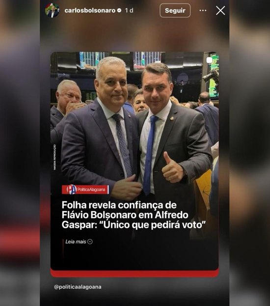 Após visita de JHC a Valdemar Costa Neto, Carlos Bolsonaro posta imagem em apoio a Alfredo Gaspar