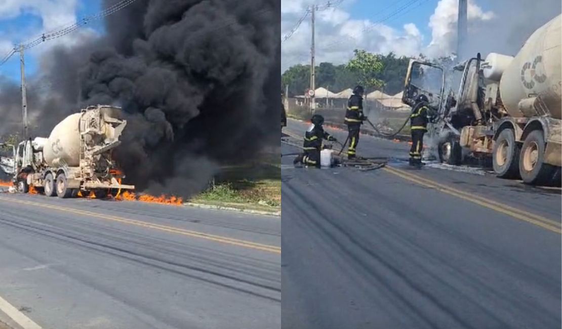 [Vídeo] Caminhão é destruído por incêndio e fumaça cobre local, em Maceió